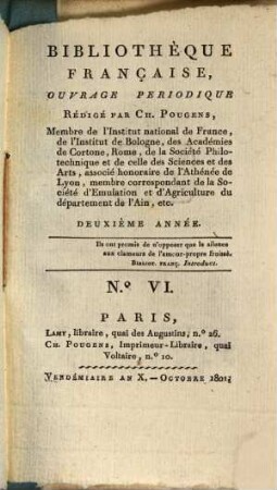 Bibliothèque française : ouvrage périodique. 2. 1801, 6 = Okt.