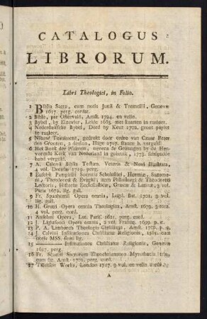 Catalogus Librorum.