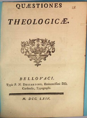 Quaestiones theologicae : [quae sunt septem Candelabra aurea? Apocalypsis, cap. I. V. 12, Quis fons aquae salientis in vitam aeternam ...]