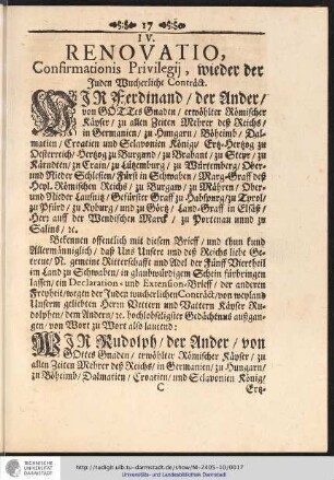 IV. Renovatio, Confirmationis Privilegij, wieder der Juden wucherliche Contract.