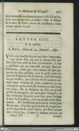 Lettre CCCC. A la même. A Paris, Mécredi 24. Janvier, 1680
