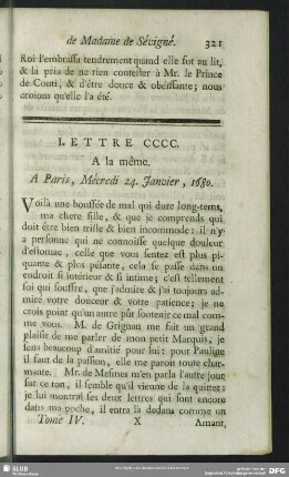 Lettre CCCC. A la même. A Paris, Mécredi 24. Janvier, 1680