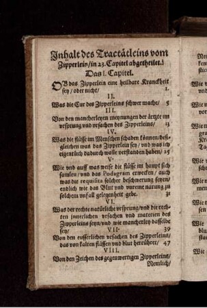 Inhalt des Tractätleins vom Zipperlein/ in 23. Capitel abgetheilet