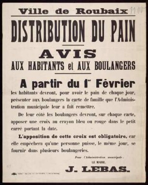 "Distribution du Pain, Avis aux Habitants et aux Boulangers"