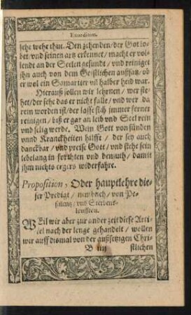 Proposition, Oder hauptlehre dieser Predigt/ nemblich/ von Pestilentz/ und Sterbensleufften.