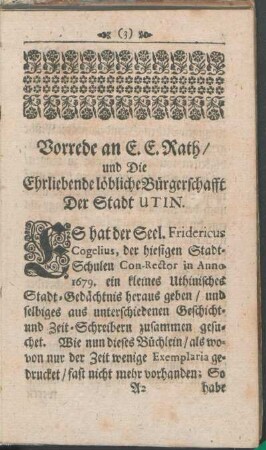 Vorrede an E. E. Rath/ und Die Ehrliebende löbliche Bürgerschafft Der Stadt Utin.