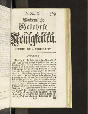N. XLIX. Tübingen, den 6. Decemb. 1737