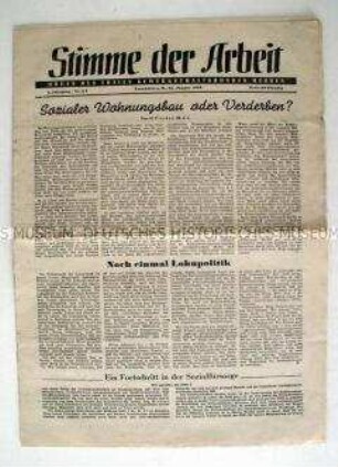 Halbmonatszeitung der Freien Gewerkschaftsbundes Hessen "Stimme der Arbeit" u.a. zum "sozialen Wohnungsbau"