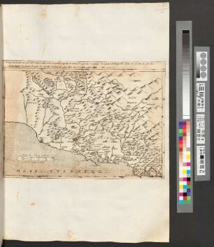 Disegno particolare de parte d'Italia, secondo la descritione della geografia di strabone la quale non s'a potesto desciuerla nel disegno dell'italia ch' e nel fine del sesto libro ma per magior lucidatione di quelle ch' a descritto strabone nel quinto libro suo s'a fatto questa tauola iiii