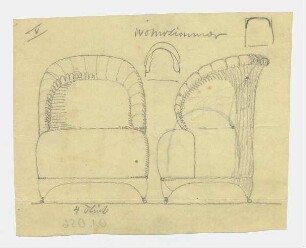 Entwurf eines Sitzmöbels : Vorder- und Seitenansicht eines Sessels; Detailskizzen und handschriftliche Hinweise