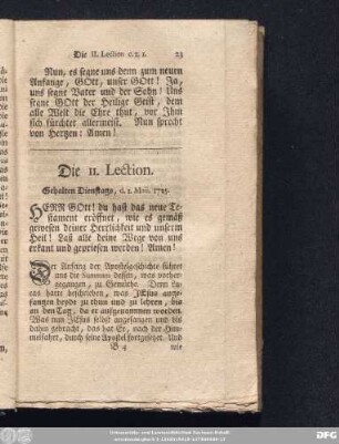 Die II. Lection. Gehalten Dienstags, d. 1. Maii. 1725.