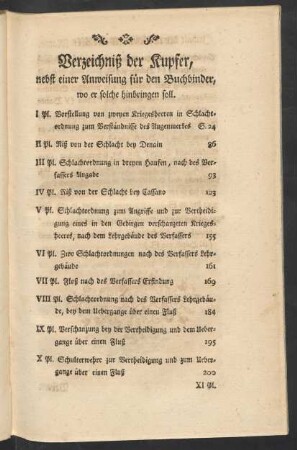 Verzeichniß der Kupfer, nebst einer Anweisung für den Buchbinder, wo er solche hinbringen soll