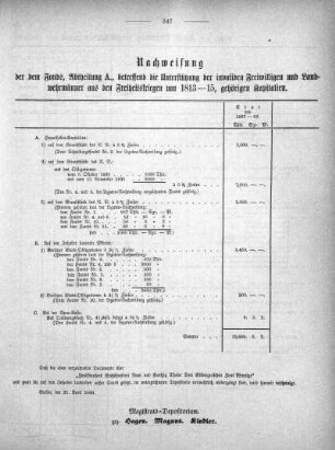 Tabelle: Nachweisung der dem Fonds, Abtheilung A, betreffend die Unterstützung der invaliden Freiwilligen und Landwehrmänner aus den Freiheitskriegen von 1813-15, gehörigen Kapitalien