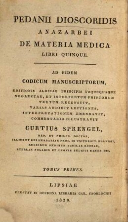 Pedanii Dioscoridis Anazarbei De materia medica libri quinque, 1
