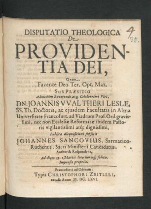 Disputatio Theologica De Providentia Dei