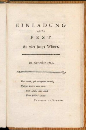 Einladung aufs Fest An eine junge Wittwe.