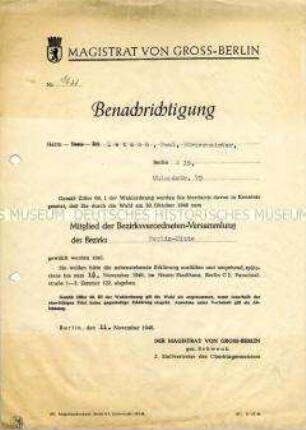 Benachrichtigung über die Wahl zum Mitglied der Bezirksverordneten-Versammlung - Personenkonvolut