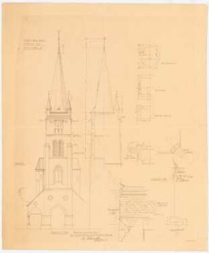 Kirchturm, Schmiegel Denkmalpflege - Bauaufnahme: Aufriss Hauptansicht des Turmes 1:100; Querschnitt und Diagonalquerschnitt durch den Turm 1:100; Teilgrundrisse der Turmgeschosse 1:100; Details 1:20: Turmgesimse in Ansicht und Schnitt