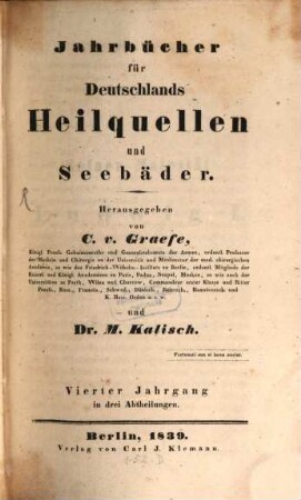 Jahrbücher für Deutschlands Heilquellen und Seebäder. 4, 4. 1839