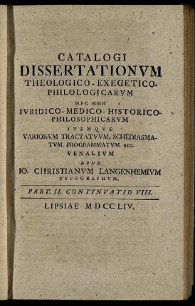 Part. II. Continuatio VIII. Lipsiae MDCCLIV.