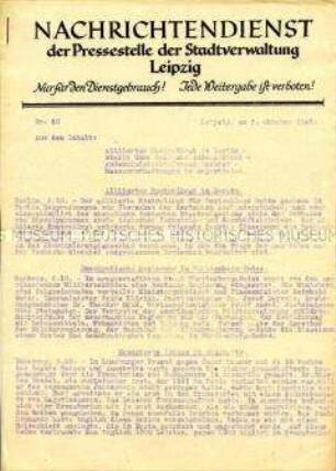 Interner Nachrichtendienst der Stadtverwaltung Leipzig u.a. über den Prozess gegen KZ-Aufseher von Belsen und Auschwitz ("Nur für den Dienstgebrauch")