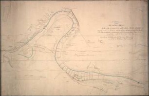 Situations-Plan des Elbstroms unweit der Stadt Mühlberg, ca. 1:5 000, Federzeichnung, 1832 : Situations-Plan des Elb-Stroms unweit der Stadt Mühlberg : behufs Entwerfung des Projects, den Königl. Aufsiger Mittelheeger mit dem linken Elb-Ufer zu verbinden / aufgenommen und aus der vorhandenen Strom-Karte nachgetragen durch Lettgau. - [Ca. 1:5 000]. - [S.l.] , 1832. - 1 Kt. : kol. Federzeichnung ; 98 x 63 cm. - Mit Stempel: Wasserbau-Inspection zu Torgau