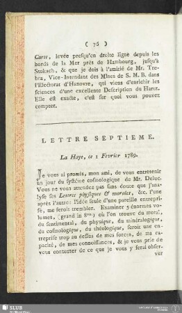 Lettre Septieme. La Haye, ce 1 Fevrier 1789