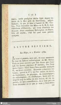 Lettre Septieme. La Haye, ce 1 Fevrier 1789