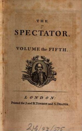 The spectator. 5 = Nr. 322 - 394 = 10.3.1712 - 2.6.1712
