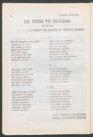 De todo te olvidas : Tango. - Un "clásico" del repertorio de Carlos Gardel