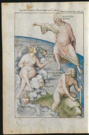 Federzeichnung, koloriert: Weltschöpfung durch Jupiter, Juno und Neptun, daneben vier Winde
