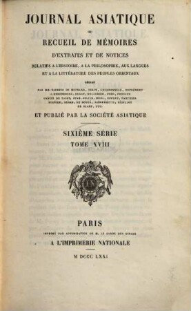 Journal asiatique : périodique semestriel. 18. 1871