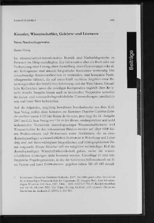 Künstler, Wissenschaftler, Gelehrte und Literaten : Neue Nachschlagewerke
