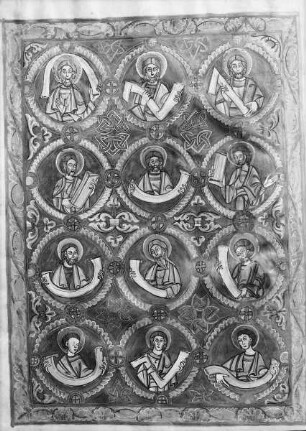Codex Vyssegradensis / Kodex vyšehradský — Heiligenfiguren mit Schriftrollen als Genealogie Christi, Folio 2v
