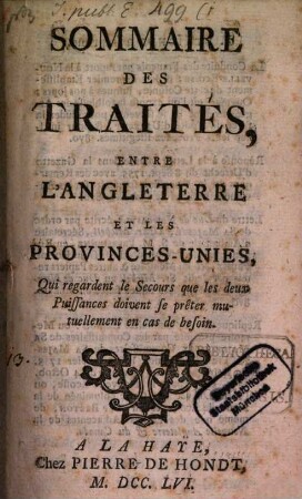 Sommaire des traités entre l'Angleterre et les Provinces-Unies