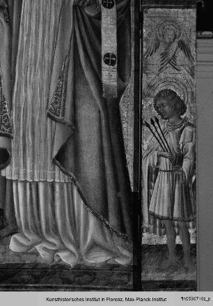 Thronende Madonna mit dem Kind, mit dem Heiligen Bernhard von Siena, dem Heiligen Sebastian und dem Heiligen Fabian