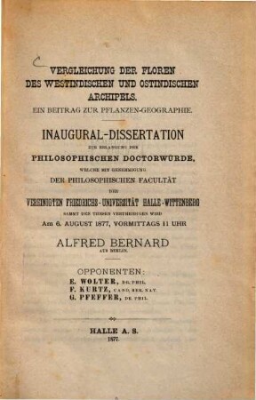 Vergleichung der Floren des westindischen und ostindischen Archipels : ein Beitrag zur Pflanzen-Geographie ; Inaugural-Dissertation