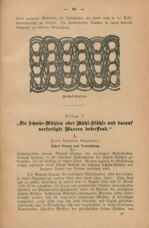 Beilage V. "Die Schnür-Mühlen oder Mühl-Stühle und darauf verfertigte Waaren betreffend"