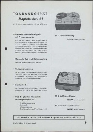 Werbeprospekt: Tonbandgerät Magnetophon 85