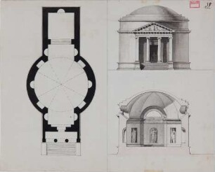 Entwurf eines Mausoleums - Grundriss, Ansicht und Querschnitt