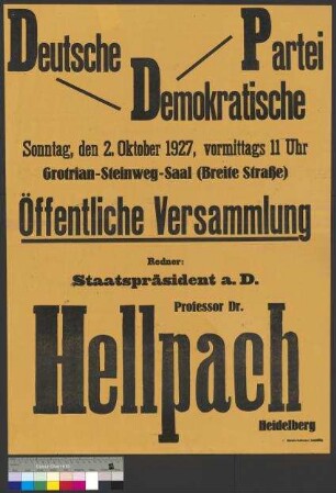 Plakat der DDP zu einer öffentlichen Wahlversammlung am 2. Oktober 1927 in Braunschweig