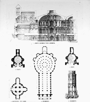 Dijon, Grundriss und Schnitt-Vergleiche: St. Benigne, Dijon; St. Croix, Quimperle; Charroux