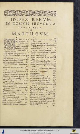 Index Rerum In Tomum Secundum Symbolarum In Matthaeum.