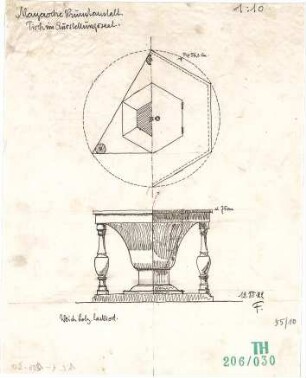 Fischer, Theodor; München; Mayr'sche Hofkunstanstalt - Tisch im Ausstellungssaal (Teilgrundriss, Ansicht,Teilansicht)