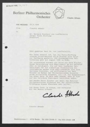 Brief an Bernhard von Loeffelholz an Jürgen-Ponto-Stiftung zur Förderung Junger Künstler, 24.05.1996
