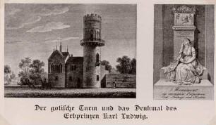 Ansichten Karlsruher Gebäude, Bauwerke und Denkmäler. Gotischer Turm und Denkmal des Erbprinzen Karl Ludwig