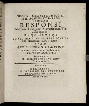 Responsi [...] Pars Altera Infallibilitatem Romani Pontificis Seorsim Excutiens.