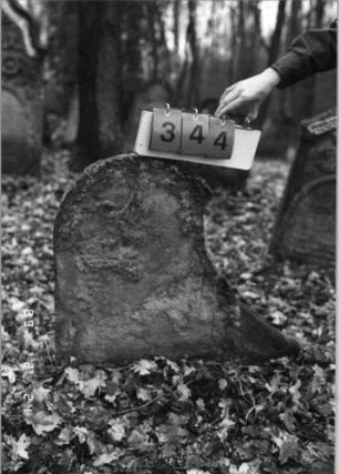 Grabstein 344 (Index: 99752545) Material: Sandstein Zustand: völlig abgeblätt/eine Stelenhälfte fehlt Maße HxBxT: 71x90x8 cm Beschreibung: Doppelstele, Rundbogenabschluß: Grabstein 344