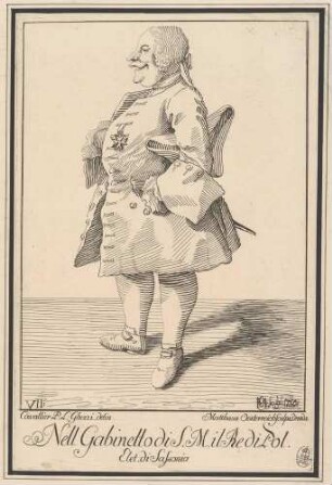 Dicker Herr mit Dreispitz und Orden (Der Amtmann Lante), Bl. 7 der "Raccolta di XXIV Caricature", Dresden 1750