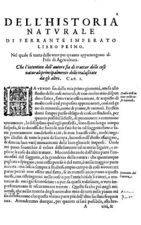 Dell' Historia Natural Di Ferrante Imperato. Libro Primo. Nel quale si tratta delle terre per quanto appartengon all' uso di Agricoltura